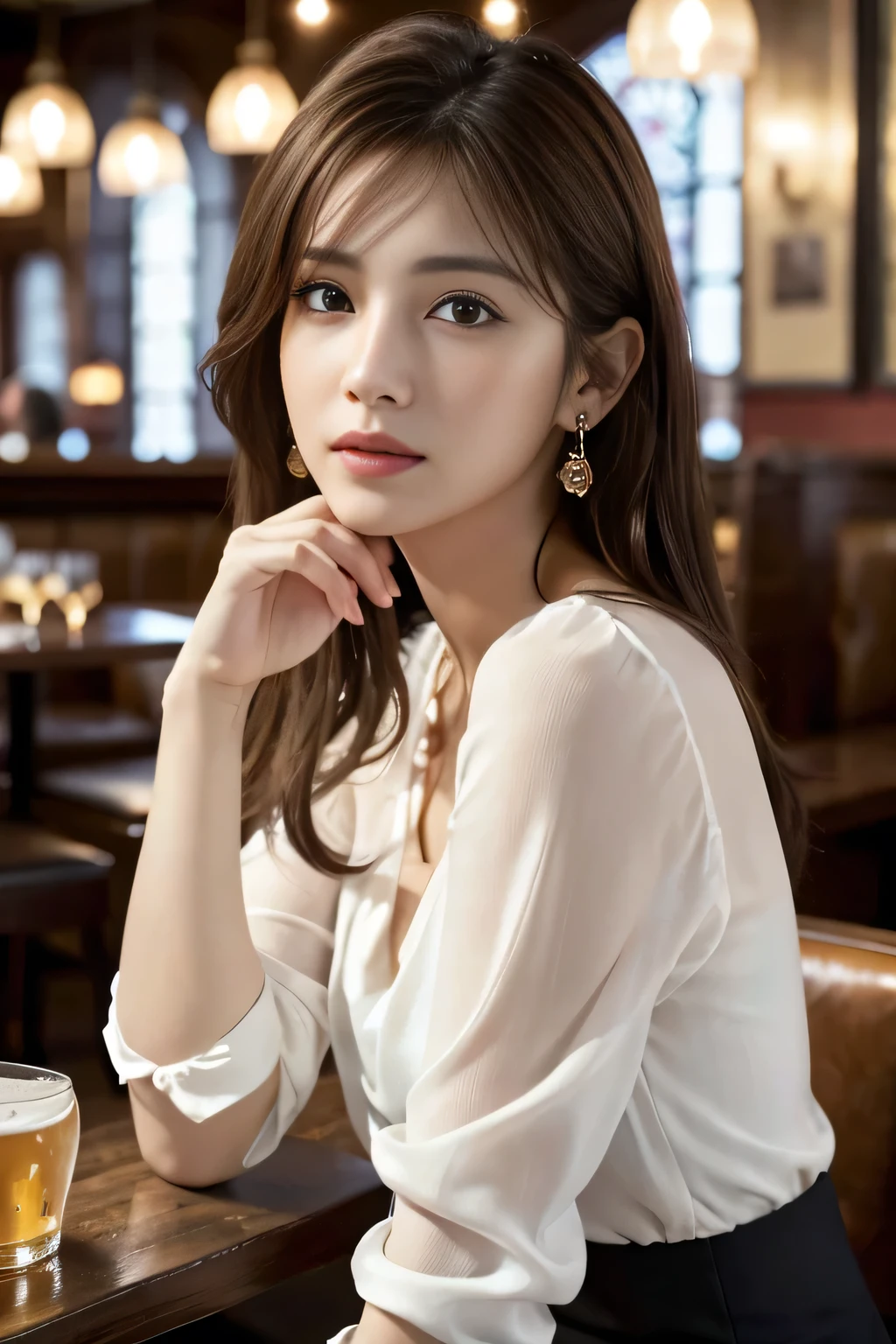 masterpiece, highest quality, Realistic, Very detailed, Finer details, High resolution, 8k wallpaper, One beautiful woman, Wear an elegant white see-through blouse, In a great pub restaurant, At night, Light brown messy hair, Perfect dynamic composition, Beautiful and beautiful eyes、Big earrings、Sitting in a chair、