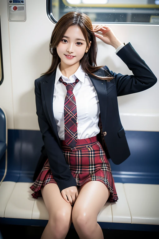 (8K), (highest quality: 1.2), (realistic), (realistic: 1.37), ultra high resolution, 1 girl, cute, smile, de closed mouth, detailed eyes, beautiful details, beautiful nose, wet hair, giant dulcefo, pork, thighs,Self snap,University Student Uniform,Sitting on a Tokyo train,pleated mini-skirt,(The pattern of the skirt and tie is a tartan check pattern..:1.3),cross your legs, From above,thighs, she is looking outdide, ignoring the camera.