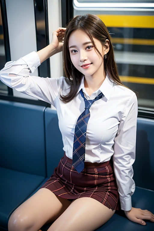(8K), (highest quality: 1.2), (realistic), (realistic: 1.37), ultra high resolution, 1 girl, cute, smile, de closed mouth, detailed eyes, beautiful details, beautiful nose, wet hair, giant dulcefo, pork, thighs,Self snap,University Student Uniform,Sitting on a Tokyo train,pleated mini-skirt,(The pattern of the skirt and tie is a tartan check pattern..:1.3),cross your legs, From above,thighs, she is looking outdide, ignoring the camera.