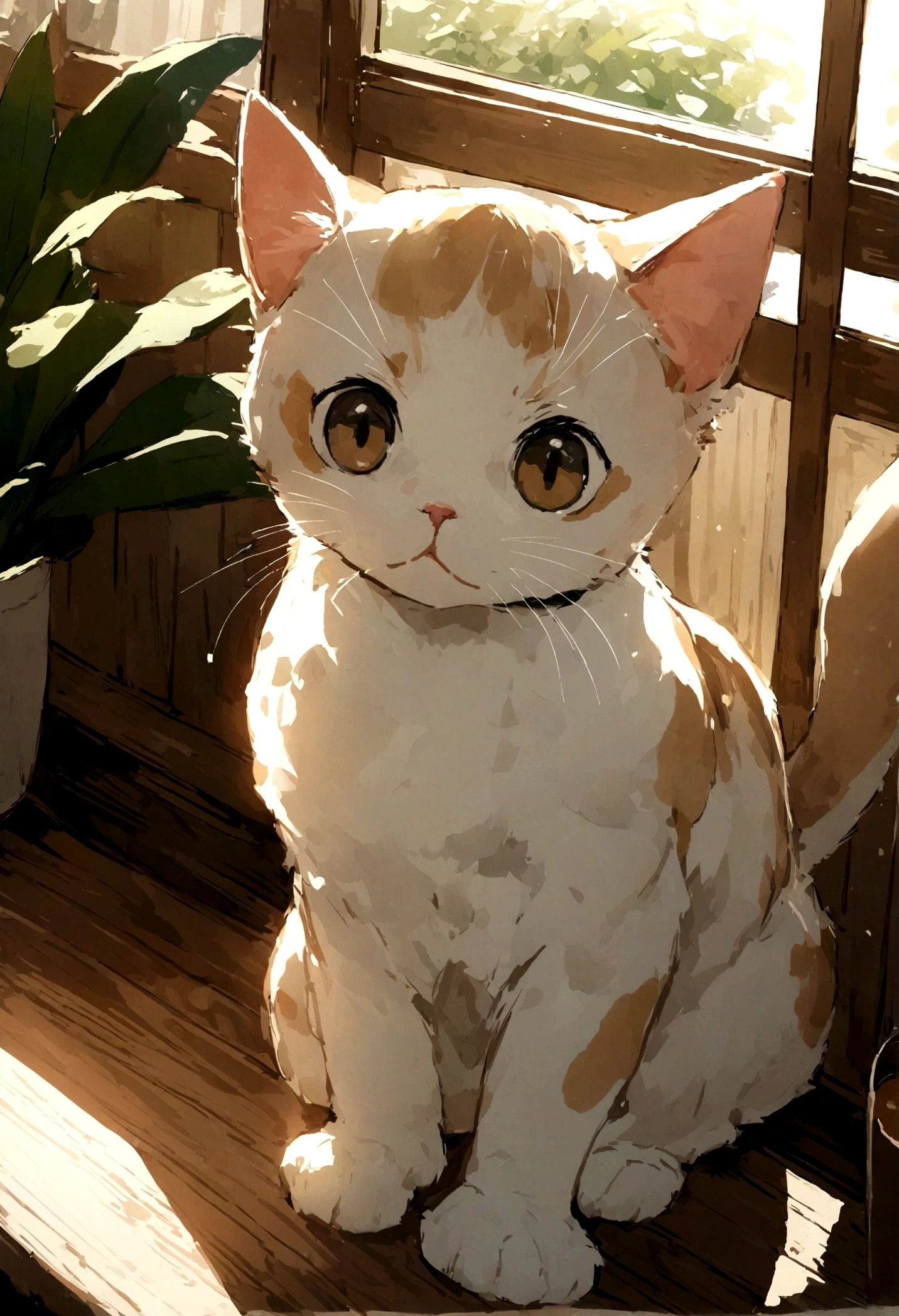 A cute cat with round eyes, At the coffee shop , Sunlight outside the window.