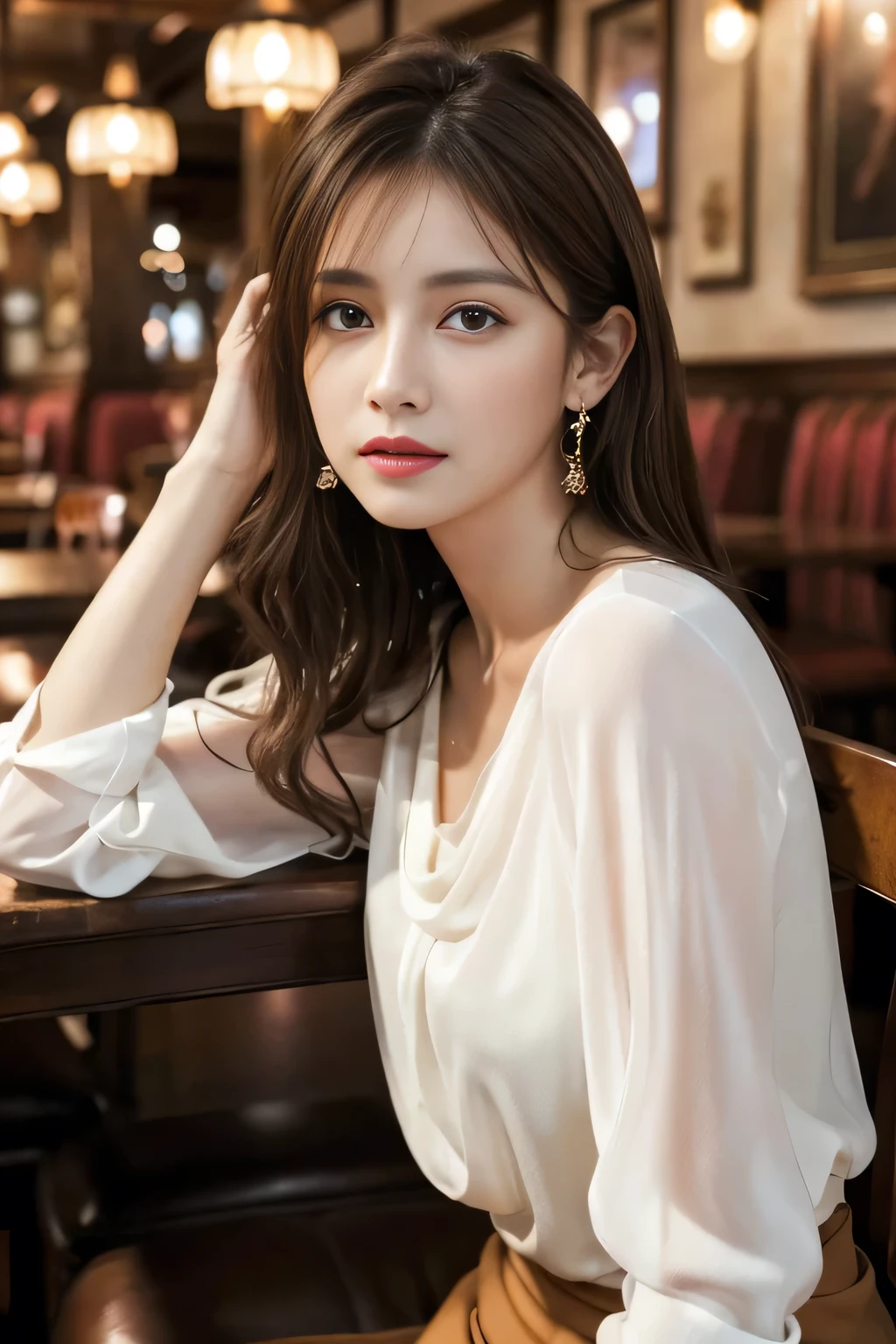 masterpiece, highest quality, Realistic, Very detailed, Finer details, High resolution, 8k wallpaper, One beautiful woman, Wear an elegant white see-through blouse, In a great pub restaurant, At night, Light brown messy hair, Perfect dynamic composition, Beautiful and beautiful eyes、Big earrings、Sitting in a chair、