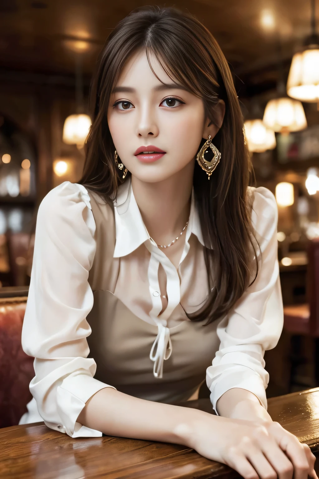 masterpiece, highest quality, Realistic, Very detailed, Finer details, High resolution, 8k wallpaper, One beautiful woman, Wear an elegant white see-through blouse, In a great pub restaurant, At night, Light brown messy hair, Perfect dynamic composition, Beautiful and beautiful eyes、Big earrings、Sitting in a chair、