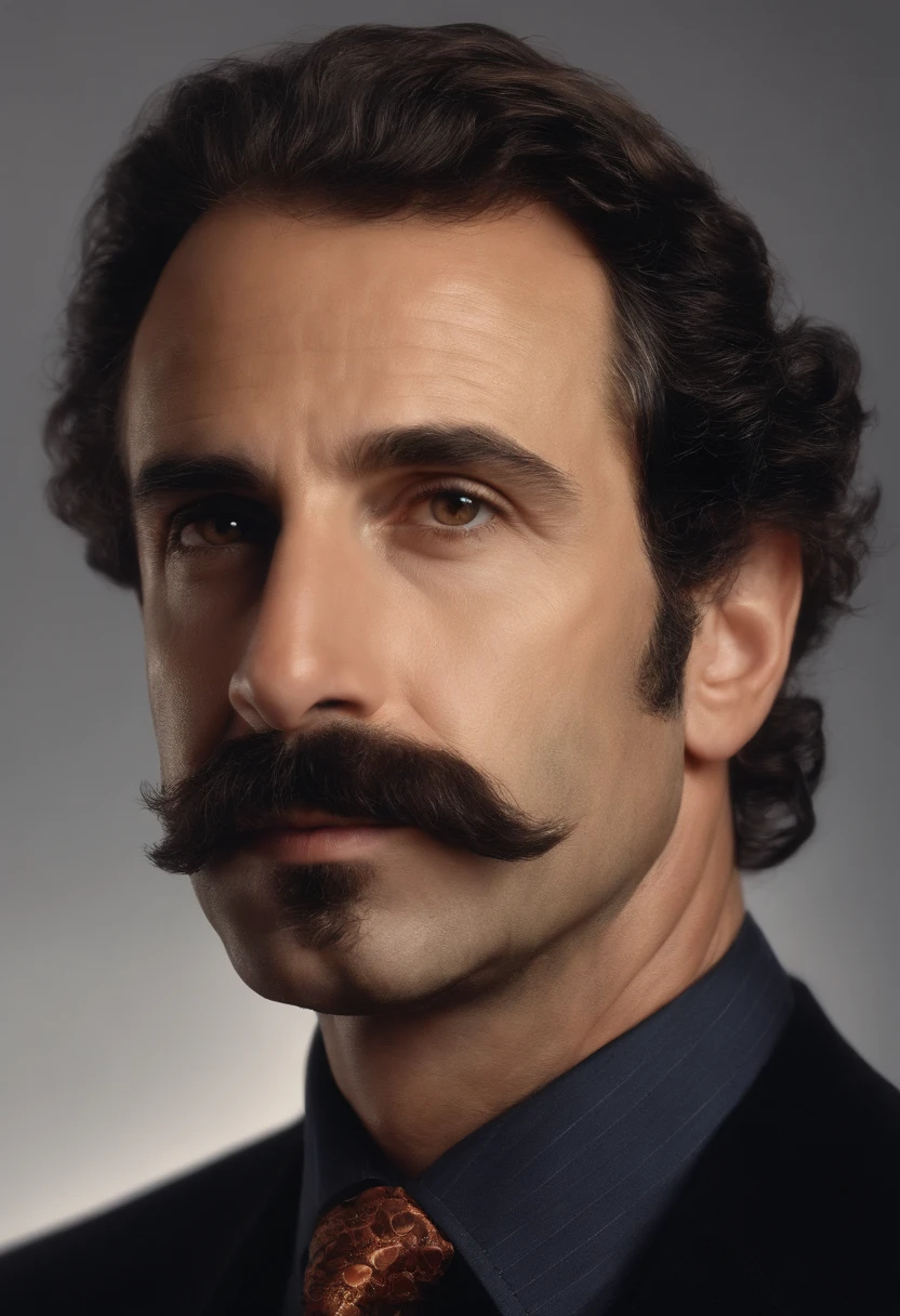 forty year old jewish man, dark permed hair, bushy mustache, round head, mischievous, 1996, lawyer, designer suit, photorealistic, portrait