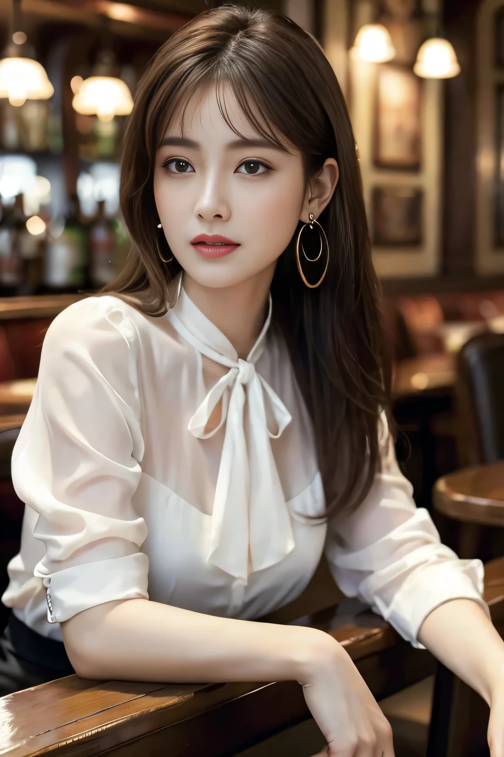 masterpiece, highest quality, Realistic, Very detailed, Finer details, High resolution, 8k wallpaper, One beautiful woman, Wear an elegant white see-through blouse, In a great pub restaurant, At night, Light brown messy hair, Perfect dynamic composition, Beautiful and beautiful eyes、Big earrings、Sitting in a chair、