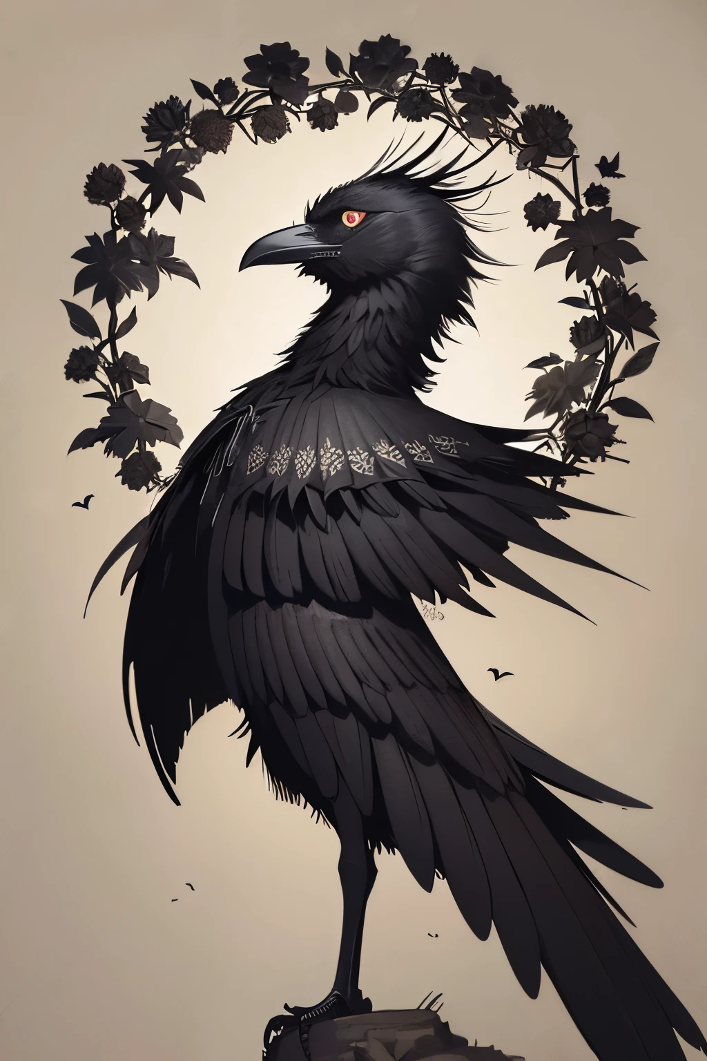 generates an image of a crow surrounded by thorns in stencil style