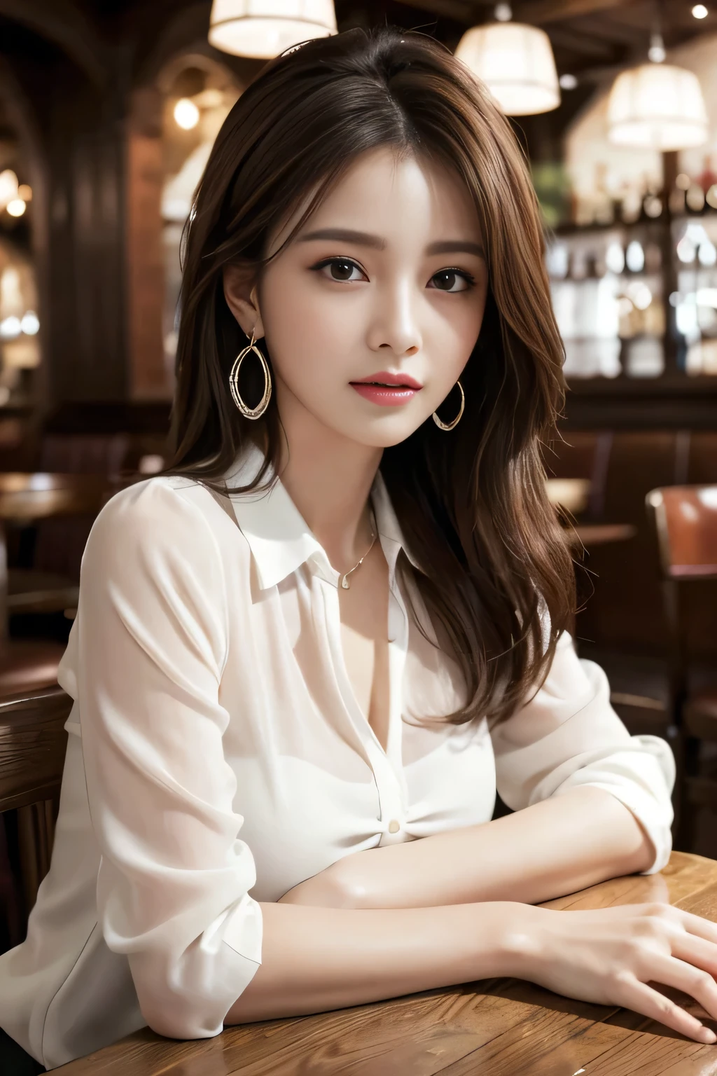 masterpiece, highest quality, Realistic, Very detailed, Finer details, High resolution, 8k wallpaper, One beautiful woman, Wear an elegant white see-through blouse, In a great pub restaurant, At night, Light brown messy hair, Perfect dynamic composition, Beautiful and beautiful eyes、Big earrings、Sitting in a chair、