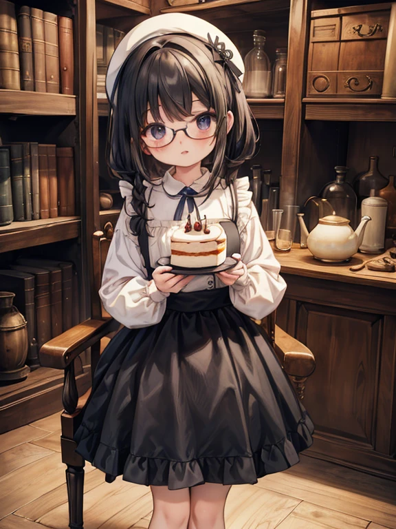 masterpiece, highest quality, Very detailed, 16k, Ultra-high resolution, Cowboy Shot, Detailed face, Perfect Fingers, 10 year old female,  black eye, Black Hair, Shortcuts, Glasses, (Blue Apron Dress, White blouse, flare skirt, Drawers, Black shoes), Luxurious Western-style building, library, Bookshelf, table, Black tea, cake, Chair, Chairに座る