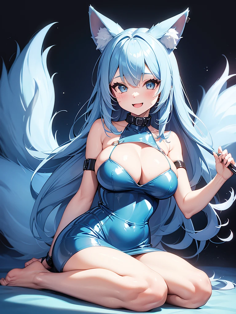 Happy woman, with wolf ears and blue hair, holding her cheeks, wolf tail, wearing a latex dress, looking at veiwer, full body, you can see her chest, naked breasts