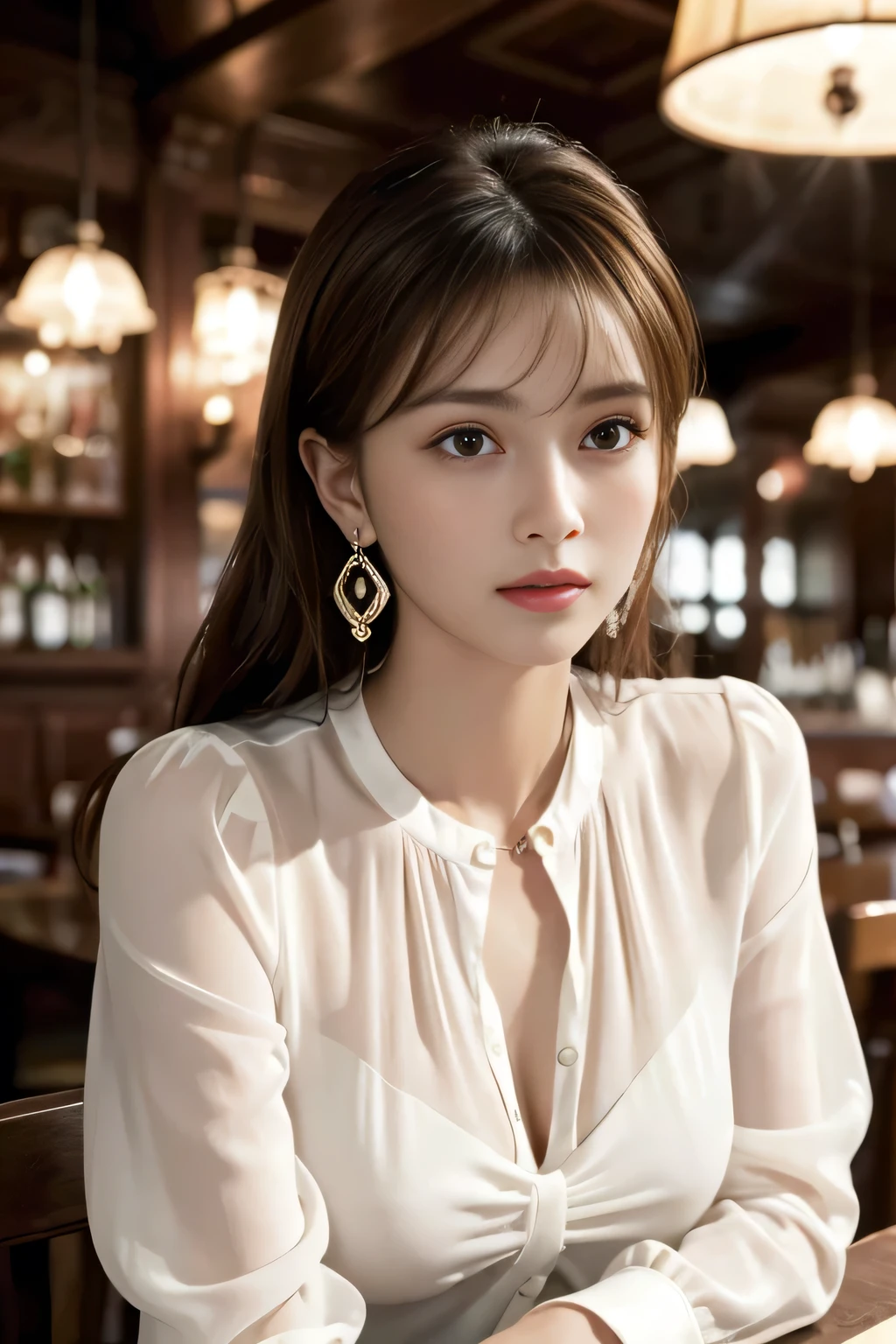 masterpiece, highest quality, Realistic, Very detailed, Finer details, High resolution, 8k wallpaper, One beautiful woman, Wear an elegant white see-through blouse, In a great pub restaurant, At night, Light brown messy hair, Perfect dynamic composition, Beautiful and beautiful eyes、Big earrings、Sitting in a chair、