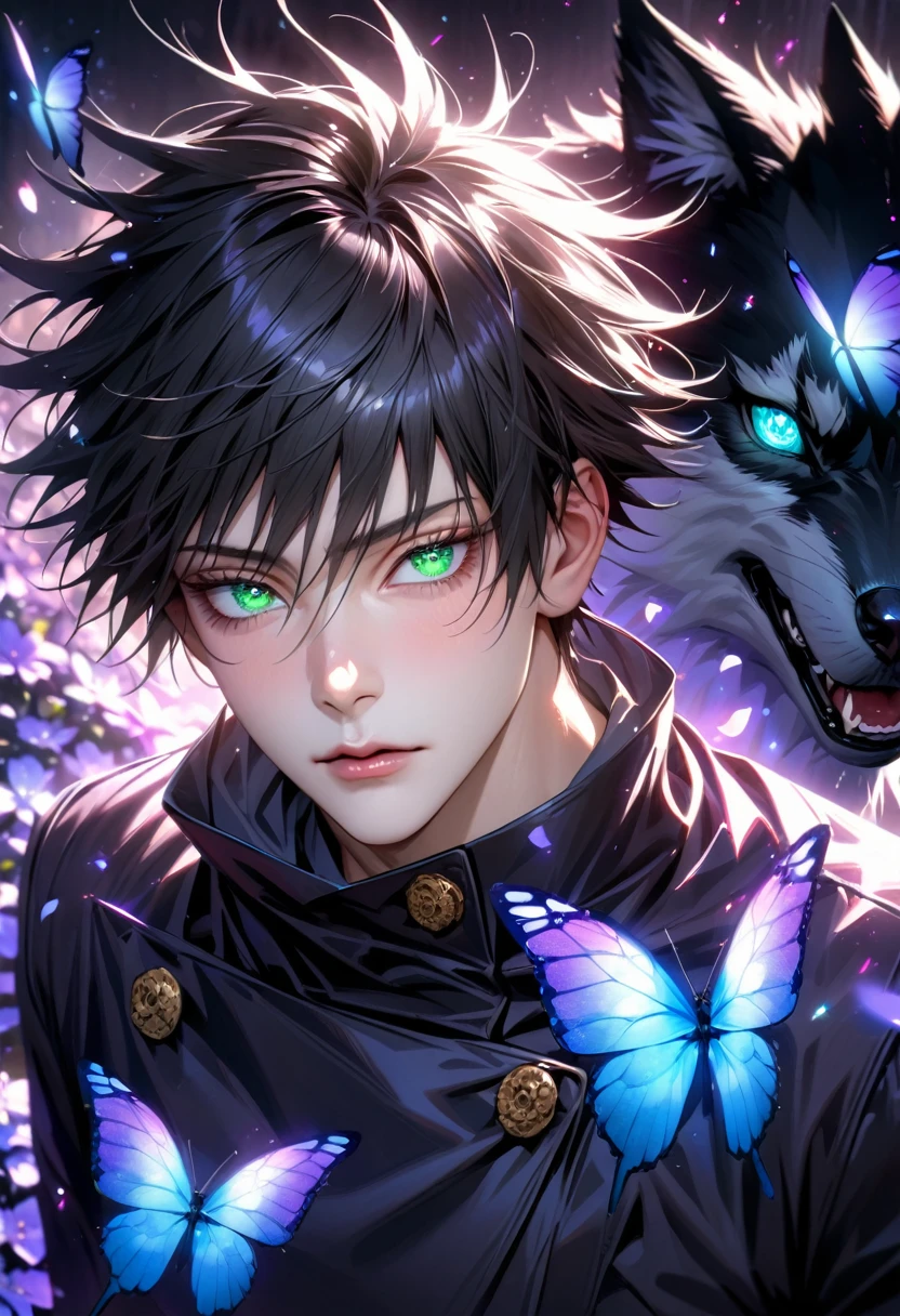 Ultra detailed, Highres, absurdres, HDR, master piece, Fushiguro Megumi, black hair, expressive green eyes, Jujutsu Kaisen, black long coat with patterns, purple ice flowers, petals, extremely handsome, sexy man, extremely detailed eyes and face, purple ice, purple ice glittering butterflies, black shirt, realistic face, glittering, glittering eyes, together with a black wolf,