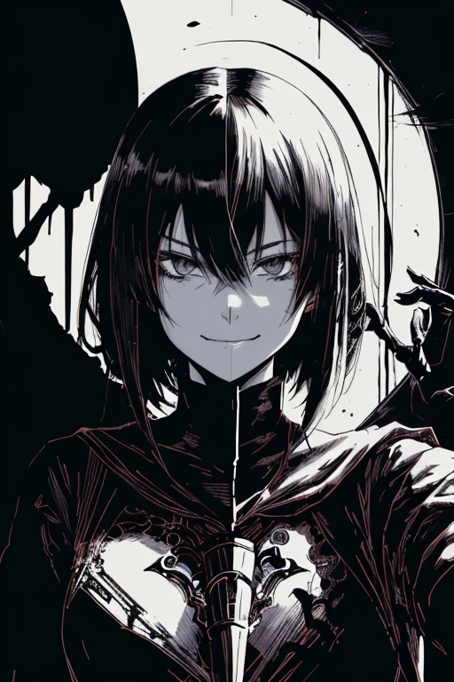 v5lcn style,ink art,(Best Quality,masutepiece:1.2),(black and white comic core:1.1),(extreme high contrast),Dark ink,1girl in,A dark-haired,Shadow on face、8K,resolution,High School Girl,Sailor Uniform, smiling