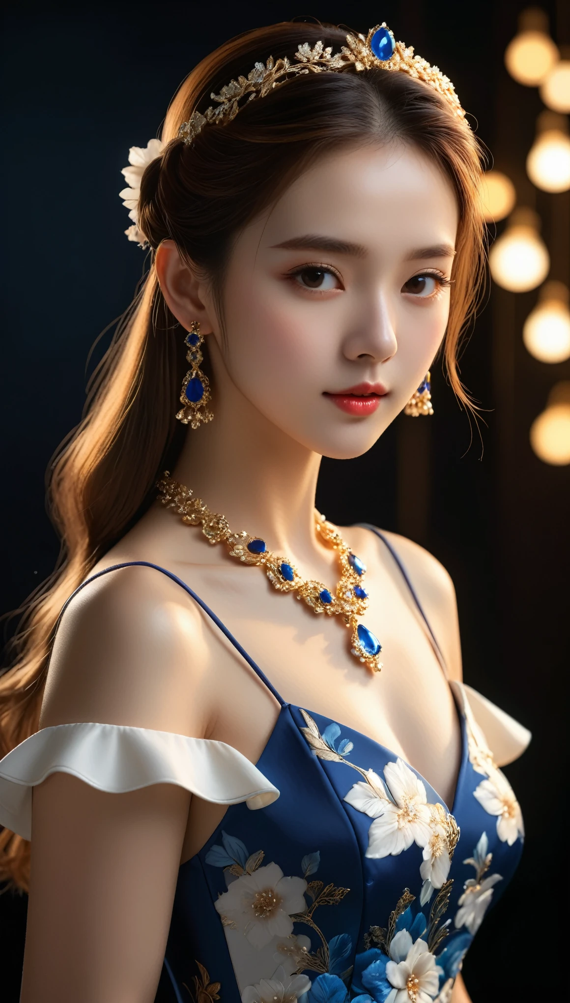 best quality, masterpiece, high resolution, 1 Girl, Porcelain dress, Hair accessories, necklace, Jewelry, Pretty Face, Physically, Tyndall effect, Practical, Dark Studio, Side lighting, Two-color lighting, (High Detail Skin: 1.2), 8K UHD, Digital SLR Camera, Soft Light, high quality, Volumetric Light, frank, photo, high resolution, 4k, 8K, Background blur,