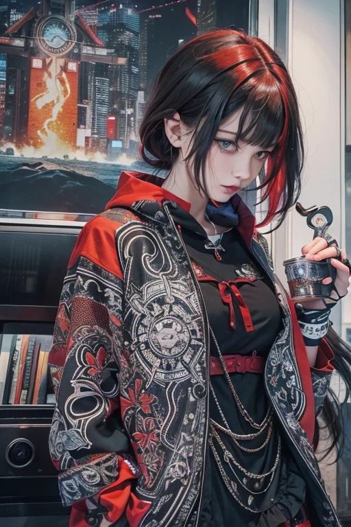 highest quality、8k、masterpiece:1.3、Gothic Punk、The inner color is red、Gray Black Hair、hair ornaments、beautiful girl、creative、Punk Shirt、Neogoth、Goth Fashion:1.2、High resolution、masterpiece、highest quality、頭w:1.3、((Hasselblad Photos))、Fine skin、Sharp focus、(Cinema Lighting)、Explore Tokyo's nightlife behind the neon lights, Forehead open, 、Petting'Hair back、Shoulder Bare、Small red rose tattoo on the décolletage、Just one tattoo
