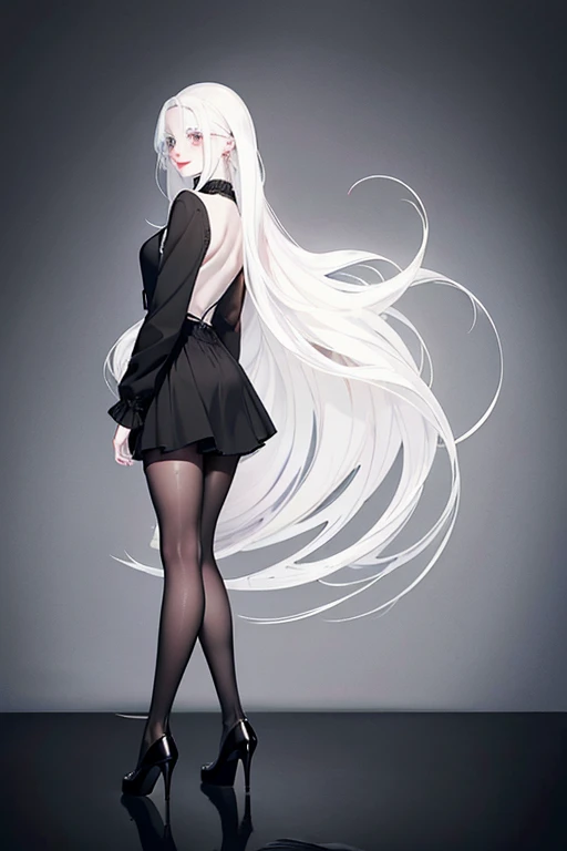 (back view),(full body:1.3),(black clothing), Cute 18 yo (albino:1.4)woman of Slavic descent.(short:1.1), , long white hair, gray eyes, ((very pale:1.4)). Innocent look. Gentle spirit.(virgin), (joy:1.2),(smile:1.3). (Playful:1.2). Mascara, eyeglasses, necklace, jacket, blouse, ruffle dress, (black pantyhose), high heels.