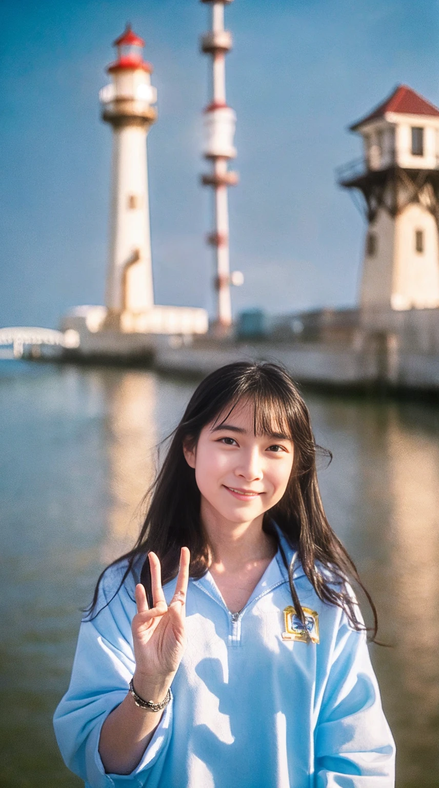 cinematic film still, (1girl), solo, (happy face:1), (thin face), (beautiful face), beach,(morning:1.1), akagi_rin, (denchi-project), solo, star hair ornament, twin braids,sparkle, from the front, looking at somewhere floating, cute uniform, waving, sea, 1 lighthouse, shallow depth of field, vignette, highly detailed, high budget, bokeh, cinema scope, moody, epic, gorgeous, film grain, grainy, (random cute pose)
