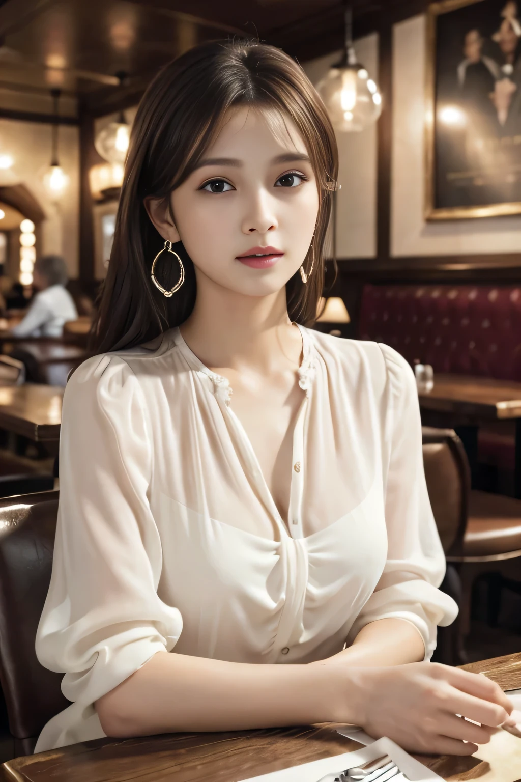 masterpiece, highest quality, Realistic, Very detailed, Finer details, High resolution, 8k wallpaper, One beautiful woman, Wear an elegant white see-through blouse, In a great pub restaurant, At night, Light brown messy hair, Perfect dynamic composition, Beautiful and beautiful eyes、Big earrings、Sitting in a chair、