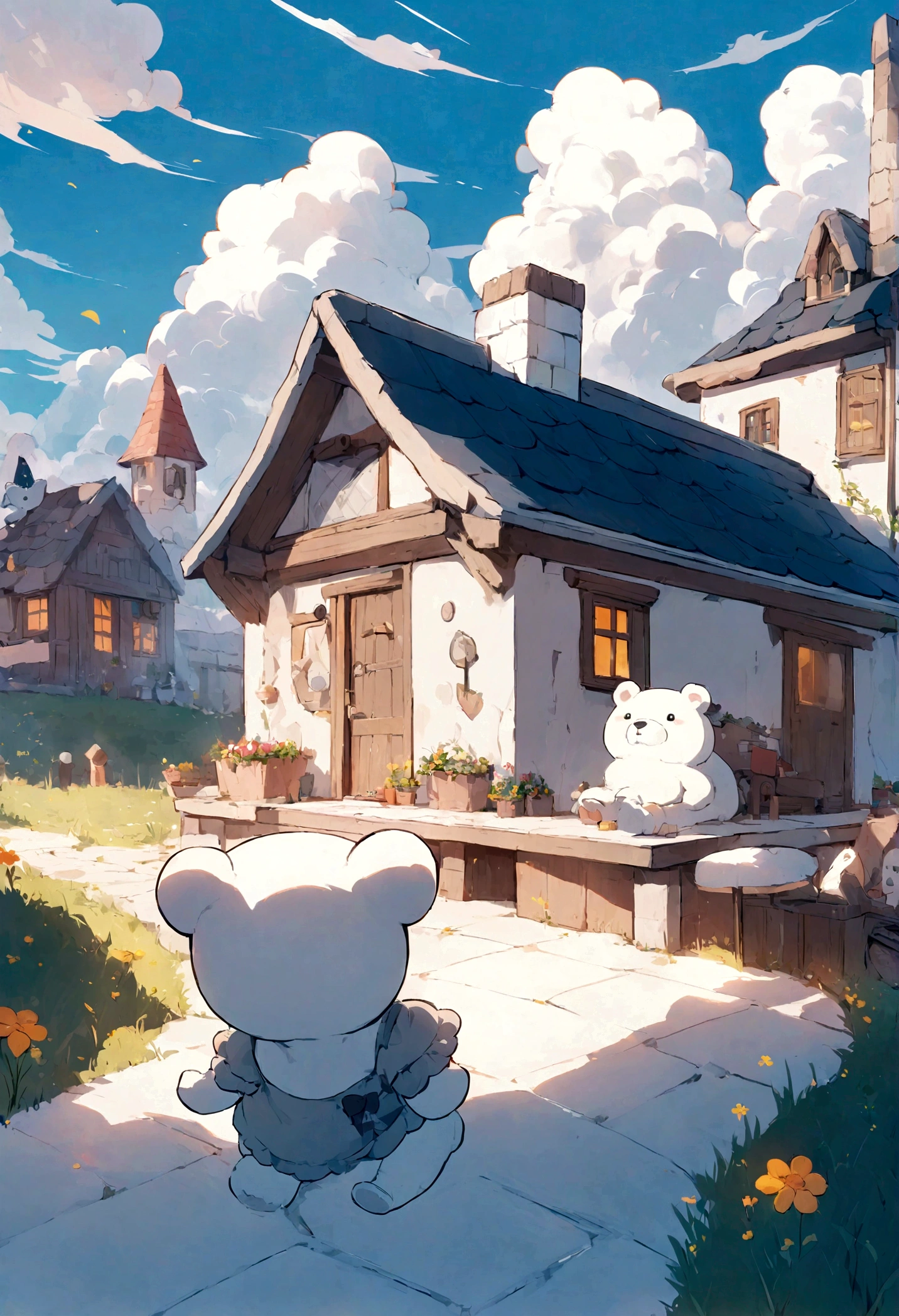 A cute white and gray bear and its cute little house