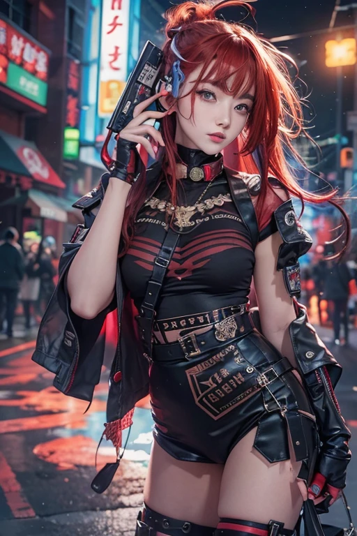 No sleeve、Tattoo、真っred、本当にredい、red、red-haired、corruption、red hairs、Headphones、🎧、Goth_punk, One Girl, alone, Medium Shot, Walking around Harajuku, ((at night)), Bokeh Depth of Field, Neon Light, Rainbow Eyes, Starry Sky, red glowing hair, Black eyebrows, Radiant hair, (iridescent red hair), 耳Nipple Ring, Bans, gem, mask, 鈍い前hair, Veld&#39;s Eye, 口mask, Blurred背景, Blurred, hair adornments, Look at the viewers, shorth hair, Portraiture, Side Lock、Goth、(Tabletop), (Portraiture), (beautiful), (beautiful), (Upper blood), (high quality), (beautiful衣服), (Professional Perspective), (Rule of thirds), (feminine), (woman), (woman), (beautiful),(feminine features), (Age 25), alone, woman1名, (Charming punk girl), Winters, Dramatic Light, ((I&#39;m playing the guitar)), (Are standing), it isdgy makeup, (Small Bust), ((Electric guitar)), (Front Face), (Resistance的な表情), ((Resistance)), (レザージャケットとTattoo), ((Short hair)), (dyed (it is.G. and pink) hair), (spiky hair), (Thick hair), Matte shine hair, (Hair bands scattered in the hair), (Green eyes), (A bold and daring look), (Pale skin), (Dark clothing), (Band T-shirts), (Ripped jeans), (-), Crew neck), ((Urban alley background)), (Close-up shot), beautiful hands, both hands, Normal hand, Two Arms, Complete Hand, beautiful body, beautiful fingers, Normal finger, Five Fingers, Five Fingers, (Thumb Index Finger Ring Finger), beautiful ears, Normal ear, beautiful eyes, Shining Eyes, beautiful mouth, beautiful lips,