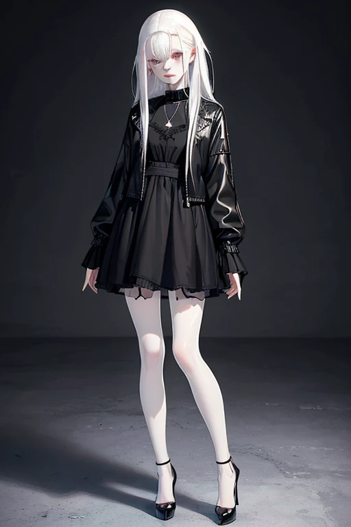 (full body:1.3),(black clothing), Cute 18 yo (albino:1.4)woman of Slavic descent.(short:1.1), , long white hair, gray eyes, ((very pale:1.4)). Innocent look. Gentle spirit.(virgin), (joy:1.2),(smile:1.3). (Playful:1.2). Mascara, eyeglasses, necklace, jacket, blouse, ruffle dress, (black pantyhose), high heels.