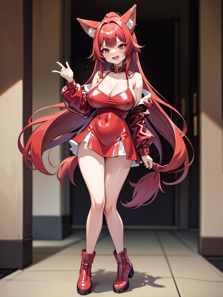 Happy woman, with wolf ears and red hair, holding her cheeks, wolf tail, wearing a latex dress, looking at veiwer, full body, you can see her chest, naked breasts
