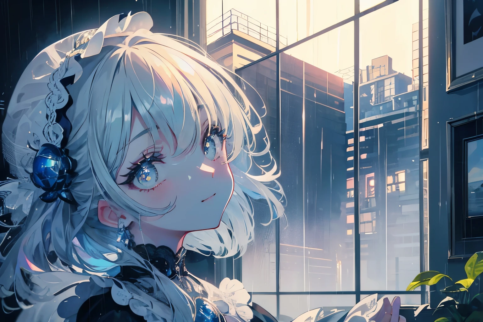 Create a high-quality illustration depicting a beautiful girl looking out of a window at the rain on a nostalgic and fantastical night. The scene should evoke a sense of nostalgia and enchantment, with intricate details and a dreamy atmosphere. The girl's features should be beautifully rendered, capturing her serene and contemplative expression. The window should show rain-soaked streets and softly glowing streetlights. Inside the room, include elements like warm lighting, reflections on the glass, and subtle shadows to enhance the nostalgic and magical feel. Every detail should be meticulously crafted to immerse the viewer in a nostalgic and fantastical moment. best quality, masterpiece, expressive eyes, gorgeous, vivid, perfect face, smile, happyness, 2eyes, emotion, detailed pupils, vivid pupils,stunning, life, relfection, peace, warm, compsition, artistic, 4k, wallpaper, bonnet, wind, glowing eyes