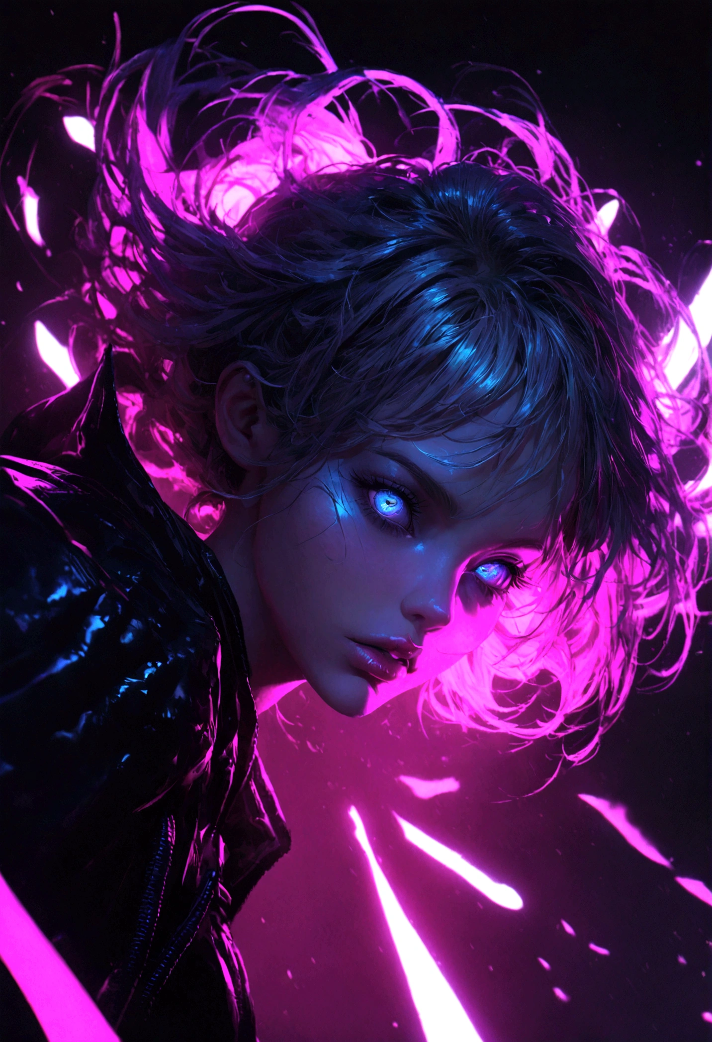 incredible detailed anime k-pop girl, beautiful detailed eyes, long spiked white hair, beautiful detailed lips, extremely detailed face, long eyelashes, dynamic pose, dramatic lighting, neon backlit, dark moody atmosphere, chiaroscuro lighting, moody colors, vibrant neon colors, cyberpunk aesthetic, 8k, high quality, hyper detailed, photorealistic, masterpiece