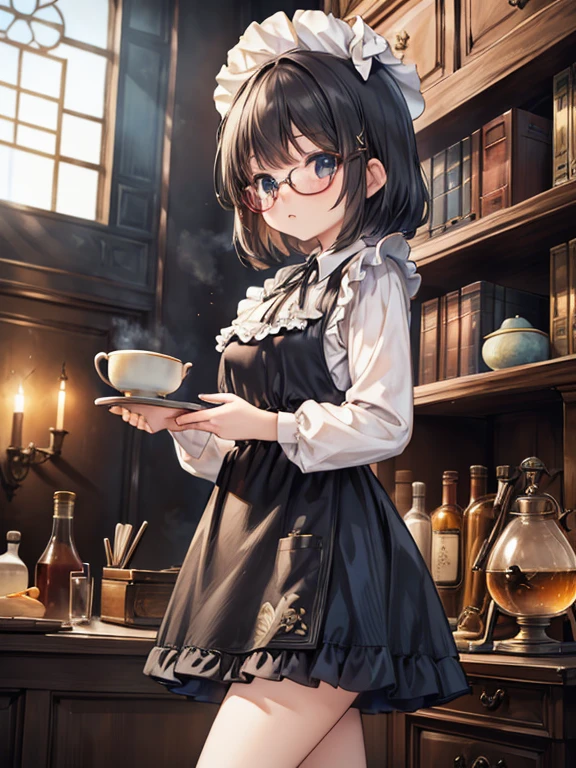 masterpiece, highest quality, Very detailed, 16k, Ultra-high resolution, Cowboy Shot, Detailed face, Perfect Fingers, 10 year old female,  black eye, Black Hair, Shortcuts, Glasses, (Blue Apron Dress:1.2, White blouse:1.2, flare skirt:1.2, Drawers:1.2, Black shoes:1.2), Luxurious Western-style building, library, Bookshelf, table, Black tea, cake, from below:1.5