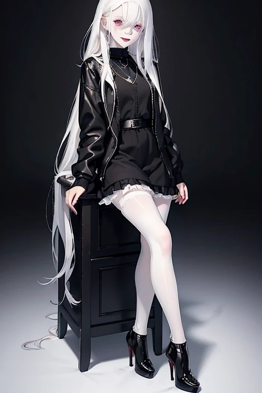(full body:1.3),(black clothing), Cute 18 yo (albino:1.4)woman of Slavic descent.(short:1.1), , long white hair, gray eyes, ((very pale:1.4)). Innocent look. Gentle spirit.(virgin), (joy:1.2),(smile:1.3). (Playful:1.2). Mascara, eyeglasses, necklace, jacket, blouse, ruffle dress, (black pantyhose), high heels.