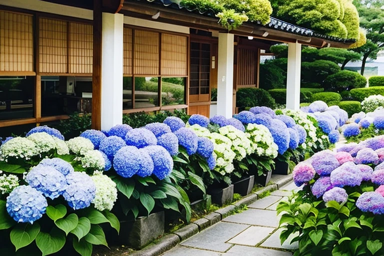 An island where hydrangeas bloom, deity of Hydrangeas, Japanese words related to flowers, Beautiful large flowers, Beautiful composition, Traditional Japanese colors, Colorful painting, Hydrangea, Flower garden, Japanese flower arrangement, Bright and vibrant colors, Color photography, Scenic and colorful environment, Heroine Japan Vivid scenery, Rich, picturesque colors, Vibrant colors with attention to detail,