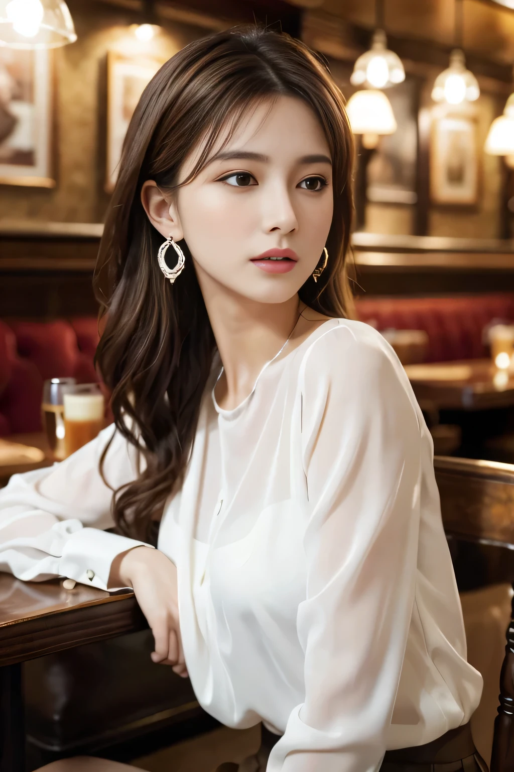 masterpiece, highest quality, Realistic, Very detailed, Finer details, High resolution, 8k wallpaper, One beautiful woman, Wear an elegant white see-through blouse, In a great pub restaurant, At night, Light brown messy hair, Perfect dynamic composition, Beautiful and beautiful eyes、Big earrings、Sitting in a chair、