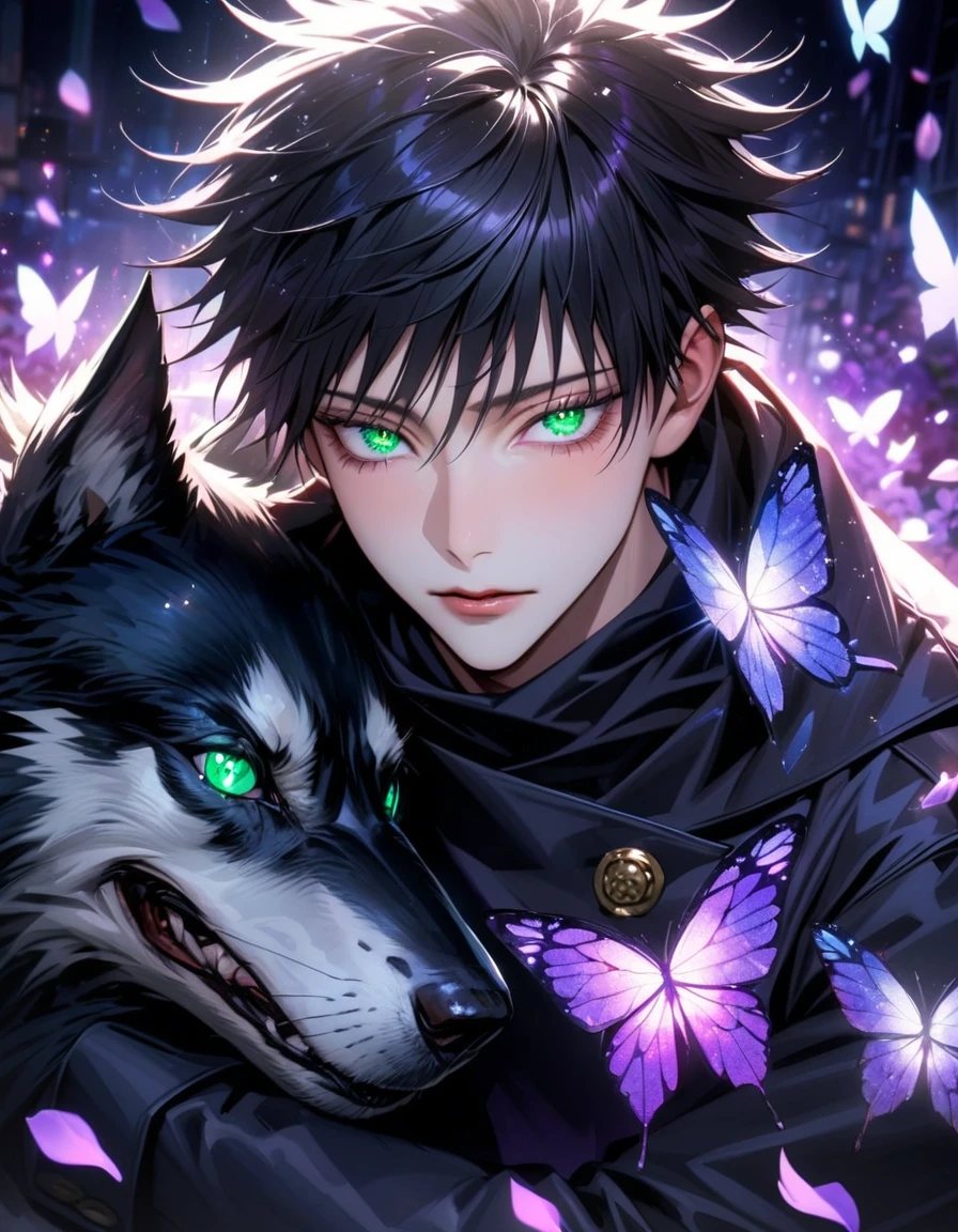 Ultra detailed, Highres, absurdres, HDR, master piece, Fushiguro Megumi, black hair, expressive green eyes, Jujutsu Kaisen, black long coat with patterns, purple ice flowers, petals, extremely handsome, sexy man, extremely detailed eyes and face, purple ice, purple ice glittering butterflies, black tight t-shirt, realistic face, glittering, glittering eyes, hugging a black wolf,