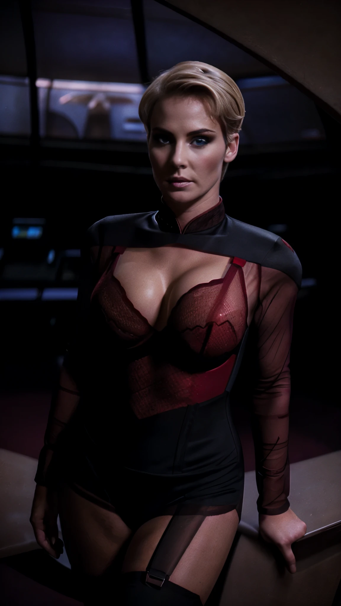Sexy intense woman in a sexy translucent red mesh starfleet corset uniform, sexy seductive pose, erotic, powerful, formidable, bare legs, cleavage, blonde bombshell, short hair, athletic, (((eye contact))), (((looking into camera))), (((seducing the viewer))), well lit