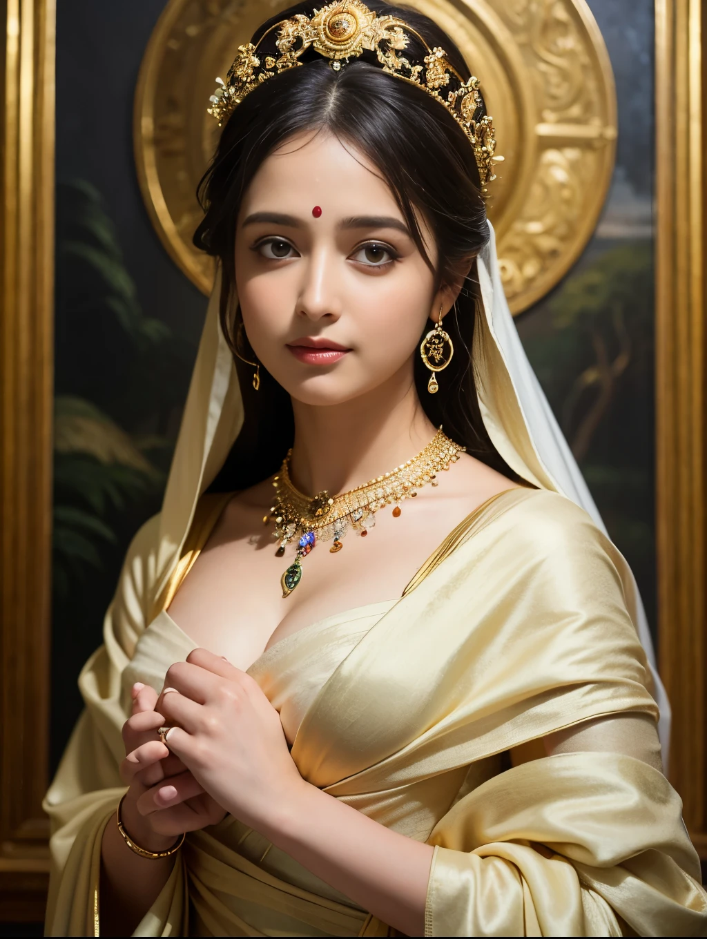 Looks like Anushka Shetty, Masterpiece, Best quality, high clarity eyes, beautifully styled hair, critically flawless,sharp picture, Full portrait, High pixels, perfect face, perfect eyes, beautiful face, perfect hands,perfect fingers, in Peter Paul Rubens style, by Peter Paul Rubens, baroque style, acrylic on canvas, highly detailed, description: "Create a nymph inspired by the tales of Greek or Roman mythology, embodying the essence of a natural element or location, and possessing a unique ability or trait that sets her apart."