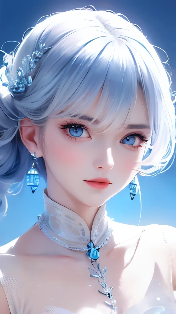 Minimalist，Stylish girl，Gray Hair，Blue background，Wear special earrings，Bohemian style，Defined eyelashes，Bright Blue Eyes，clean通透的眼珠，close，Portrait Camera，Smiling face flat illustration，geometry，clean，Japanese Manga