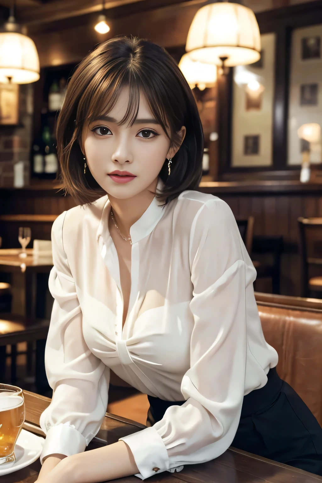 masterpiece, highest quality, Realistic, Very detailed, Finer details, High resolution, 8k wallpaper, One beautiful woman, Wear an elegant white see-through blouse, In a great pub restaurant, At night, Light brown shaggy haircut, Perfect dynamic composition, Beautiful and beautiful eyes、Big earrings、Sitting in a chair、