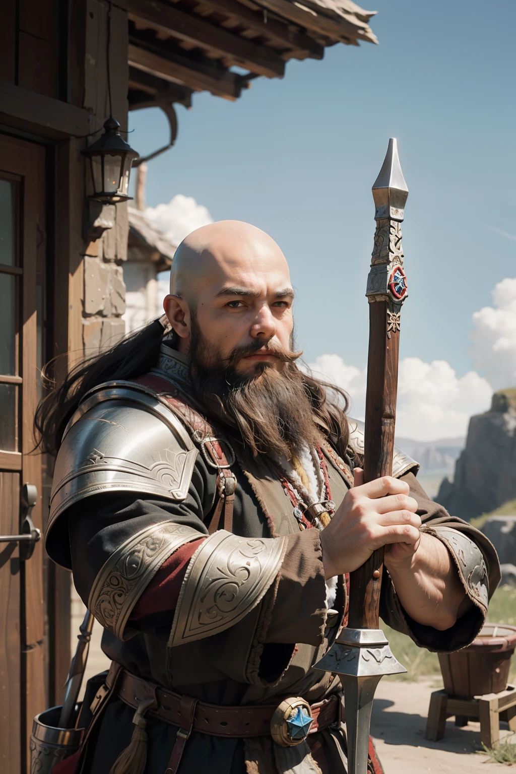 dwarf; great thunder axe; brown beard; white full armor; bald.