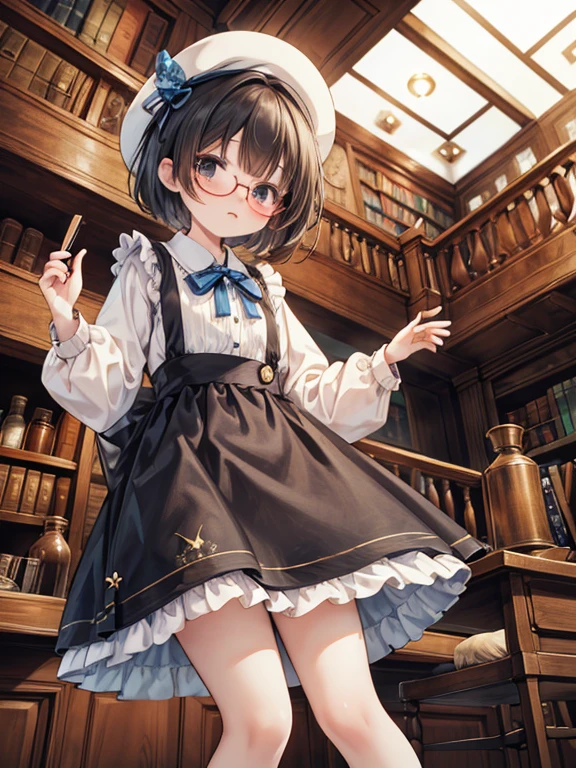 masterpiece, highest quality, Very detailed, 16k, Ultra-high resolution, Cowboy Shot, Detailed face, Perfect Fingers, 10 year old female,  black eye, Black Hair, short hair, Glasses, (Blue Apron Dress:1.2, White blouse:1.2, flare skirt:1.2, Drawers:1.4, Black shoes:1.2), Luxurious Western-style building, library, Bookshelf, table, Black tea, cake, from below:1.7