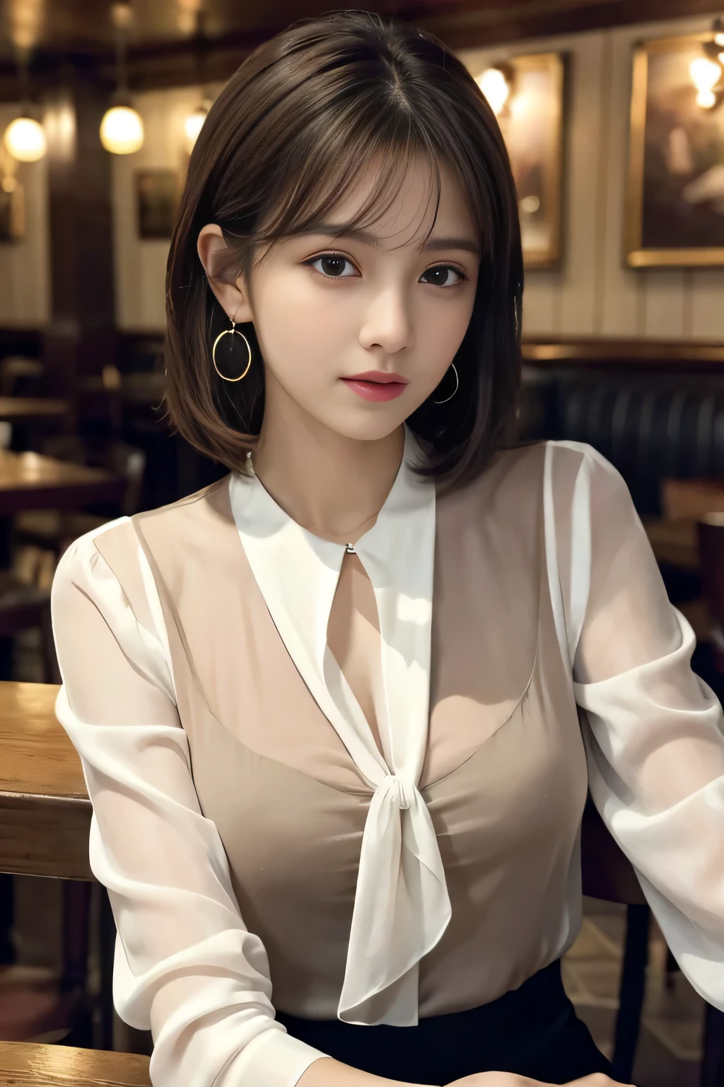 masterpiece, highest quality, Realistic, Very detailed, Finer details, High resolution, 8k wallpaper, One beautiful woman, Wear an elegant white see-through blouse, In a great pub restaurant, At night, Light brown shaggy haircut, Perfect dynamic composition, Beautiful and beautiful eyes、Big earrings、Sitting in a chair、