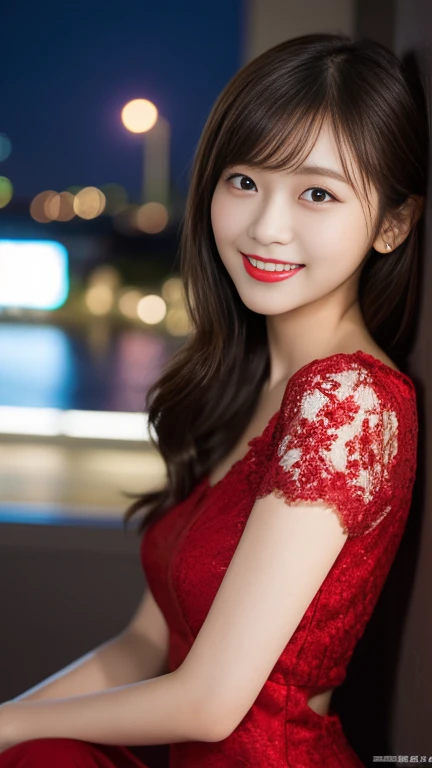 highest quality、8k wallpaper、Reality:1.4、Photographed by a professional photographer、Cinema Lighting、View your viewers、background:Night view spot、1 beautiful girl、Japanese Idol、19 years old、Beautifully detailed eyes、Detailed face、Beautiful Skin、Slender、Slim waist、Thin legs、Red lipstick、Light Hair:1.8、Blonde: 1.8、Fancy hairstyle:1.8、Asymmetrical bangs、lace fabric dresses 、smile:1.8、Seductive pose