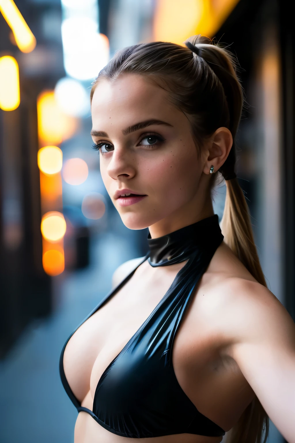 little Emma Watson, (taking selfies, Overhead view: 1,4), (straight half of the torso: 1,4), Portrait photo of a 24-year-old blonde in RAW UHD format (Blue-eyed woman), pigtails, The floor of the head is shaved bald, Walk down the dark alley, natutal breasts_b, night city, ( Venom cosplay ), (low-cut), bottom, panty, in detail (textures!, hairsh!, glistering, a color!!, imperfections: 1.1), highly detailed glossy eyes, (is looking at the camera), specular lighting, DSLR camera, ultra quality, sharp-focus, sharpness, Depth of field, film grains, (centred), Fujifilm XT3, Crystal clear, big breastes, naked torso, The center of the frame, pretty face, sharp-focus, street lamp, neon lights, bokeh, (dimly lit), Low key, in night, (night  sky ) detailed skin pores, oiled skin, suntan, Complex eye details