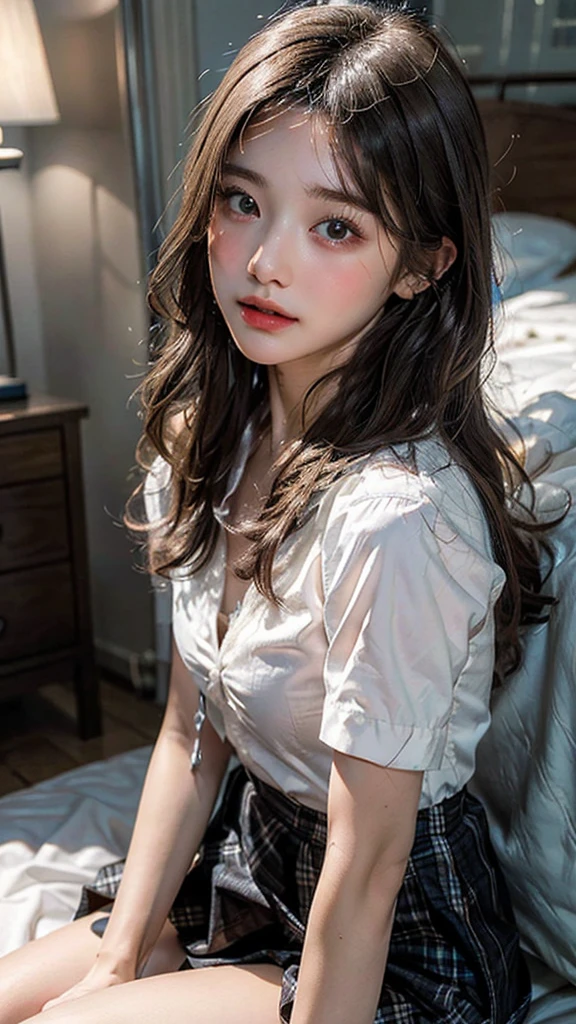 (highest quality, masterpiece:1.3), shape, ((Beautifully detailed face)), Beautiful and detailed skin, Intricate details, Very detailed, Best image quality in 8K, The true picture () (18 year old high school girl:uniform,Short sleeve shirt with white collar,Checkered Skirt,Showing off your bra) (Small breasts), ,One girl in the Japan,Baby Face,(Detailed Hair,Shortcuts,Black Hair),Detailed lips,Open your mouth,(Lying in bed,Sleep on your back:1.2,Top View),blush,Embarrassing,Realistic Face,Realistic Skin,(sexy:2.0,Clothes are disheveled,Her skirt is flipped up),(Vibrant Skin,Moisturized Skin:1.2),Vivid lips,Lip gloss