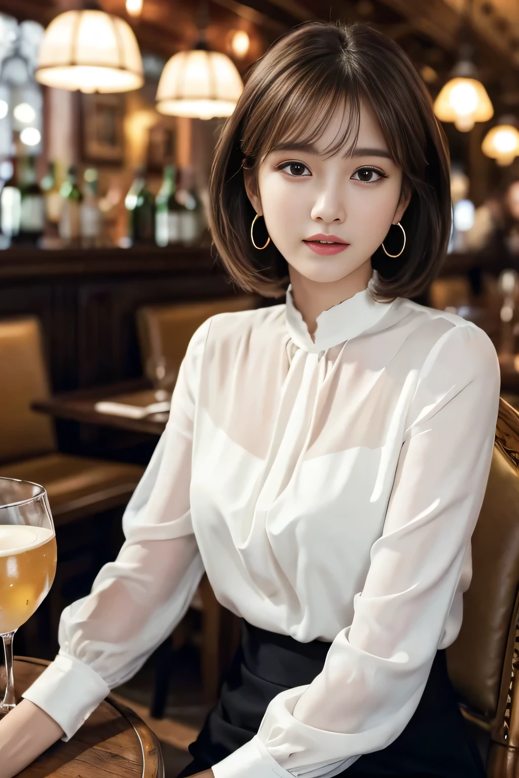 masterpiece, highest quality, Realistic, Very detailed, Finer details, High resolution, 8k wallpaper, One beautiful woman, Wear an elegant white see-through blouse, In a great pub restaurant, At night, Light brown shaggy haircut, Perfect dynamic composition, Beautiful and beautiful eyes、Big earrings、Sitting in a chair、