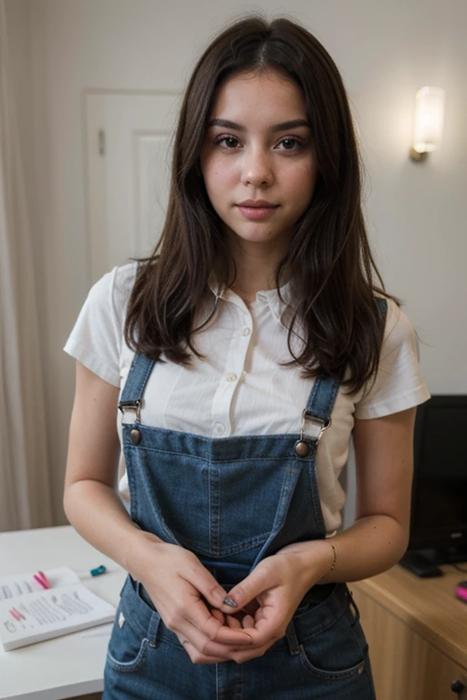 girl with black hair, brunette with blue overalls and white blouse, brown eyes, with stationery accessories in her hand