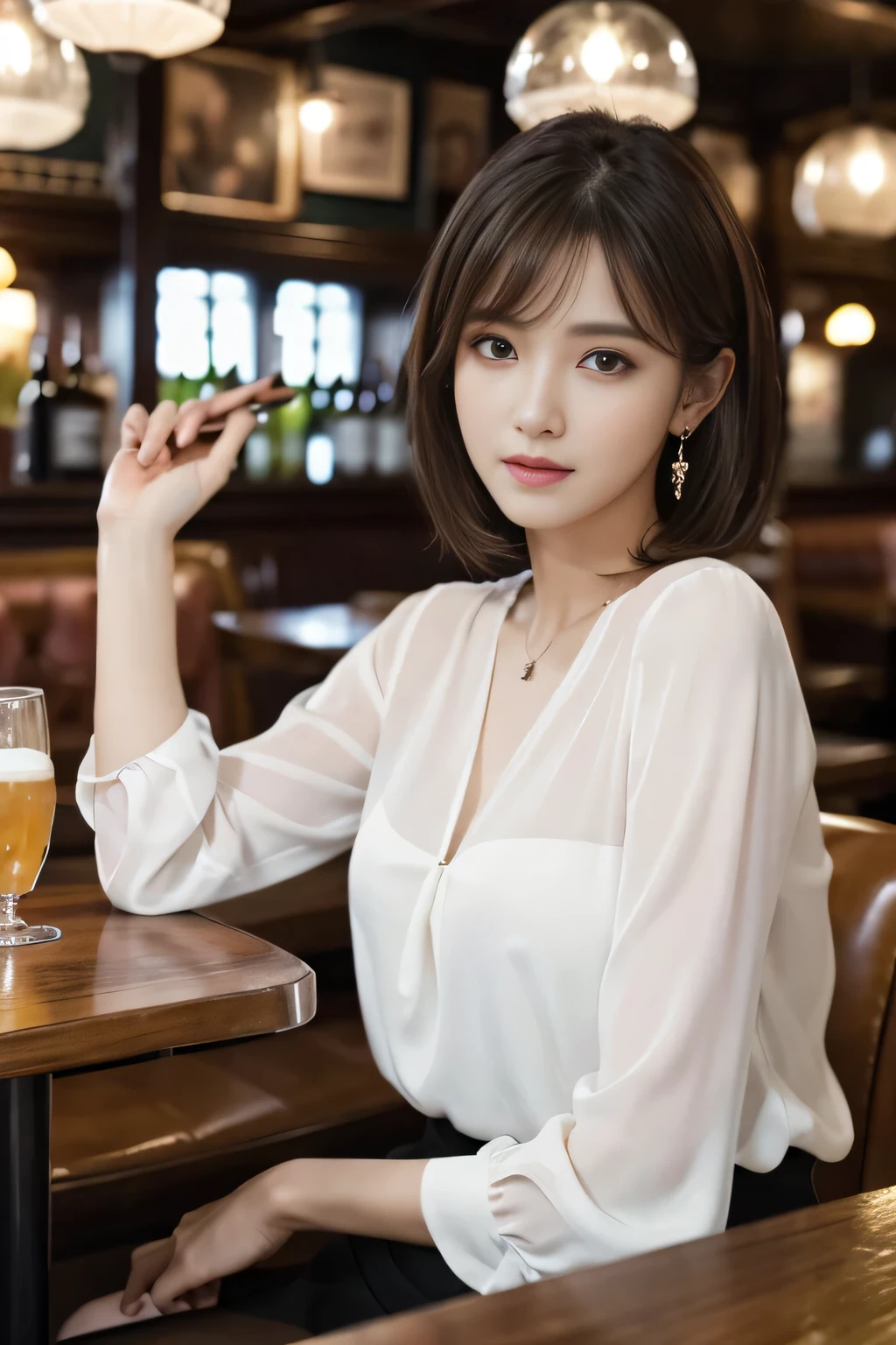 masterpiece, highest quality, Realistic, Very detailed, Finer details, High resolution, 8k wallpaper, One beautiful woman, Wear an elegant white see-through blouse, In a great pub restaurant, At night, Light brown shaggy haircut, Perfect dynamic composition, Beautiful and beautiful eyes、Big earrings、Sitting in a chair、