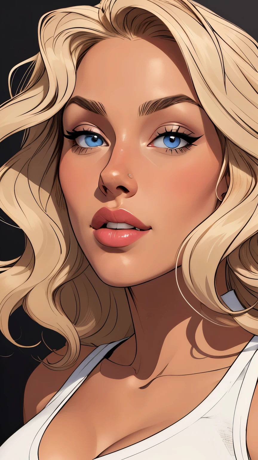 
Flat colors,close-up, Portrait of a 27year old surfer looking girl, tan skin, ([ Blue Eyes]) blonde wavy hair, natural beaty, ((Beautiful lips)) Sexy face, sexy look, lookind directly into camera,  high rise tank-top, perfect sized breasts, cleavage, beautiful, masterpiece, (([dark grey background]))

