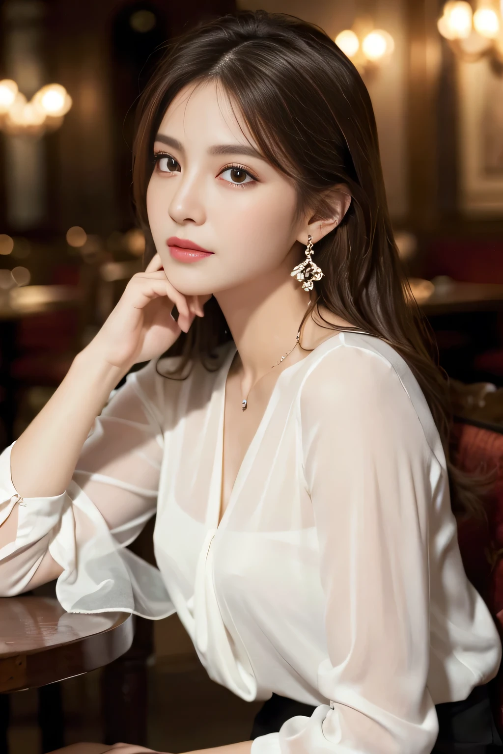 masterpiece, highest quality, Realistic, Very detailed, Finer details, High resolution, 8k wallpaper, One beautiful woman, Wear an elegant see-through blouse, In a great restaurant, At night, Light brown messy hair, Perfect dynamic composition, Beautiful and beautiful eyes、Big earrings、Sitting in a chair、