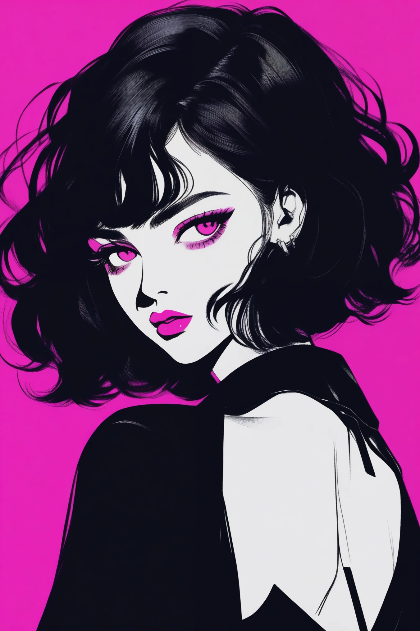 (best quality, sketch:1.2),realistic,illustrator,anime,1 girl, detailed lips, black dress,custom, (background dark monochrome), dark hair,textured cropping, masterpiece, style retro classic, noir dark, art, sketch book, (bob hair black:1.75 neon:1.32), bad women , dark shadows