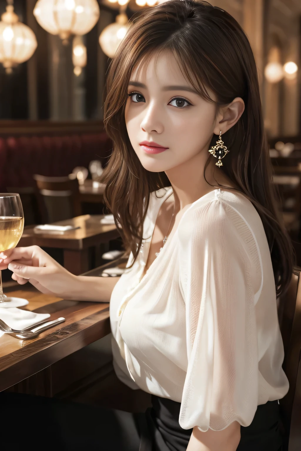 masterpiece, highest quality, Realistic, Very detailed, Finer details, High resolution, 8k wallpaper, One beautiful woman, Wear an elegant see-through blouse, In a great restaurant, At night, Light brown messy hair, Perfect dynamic composition, Beautiful and beautiful eyes、Big earrings、Sitting in a chair、