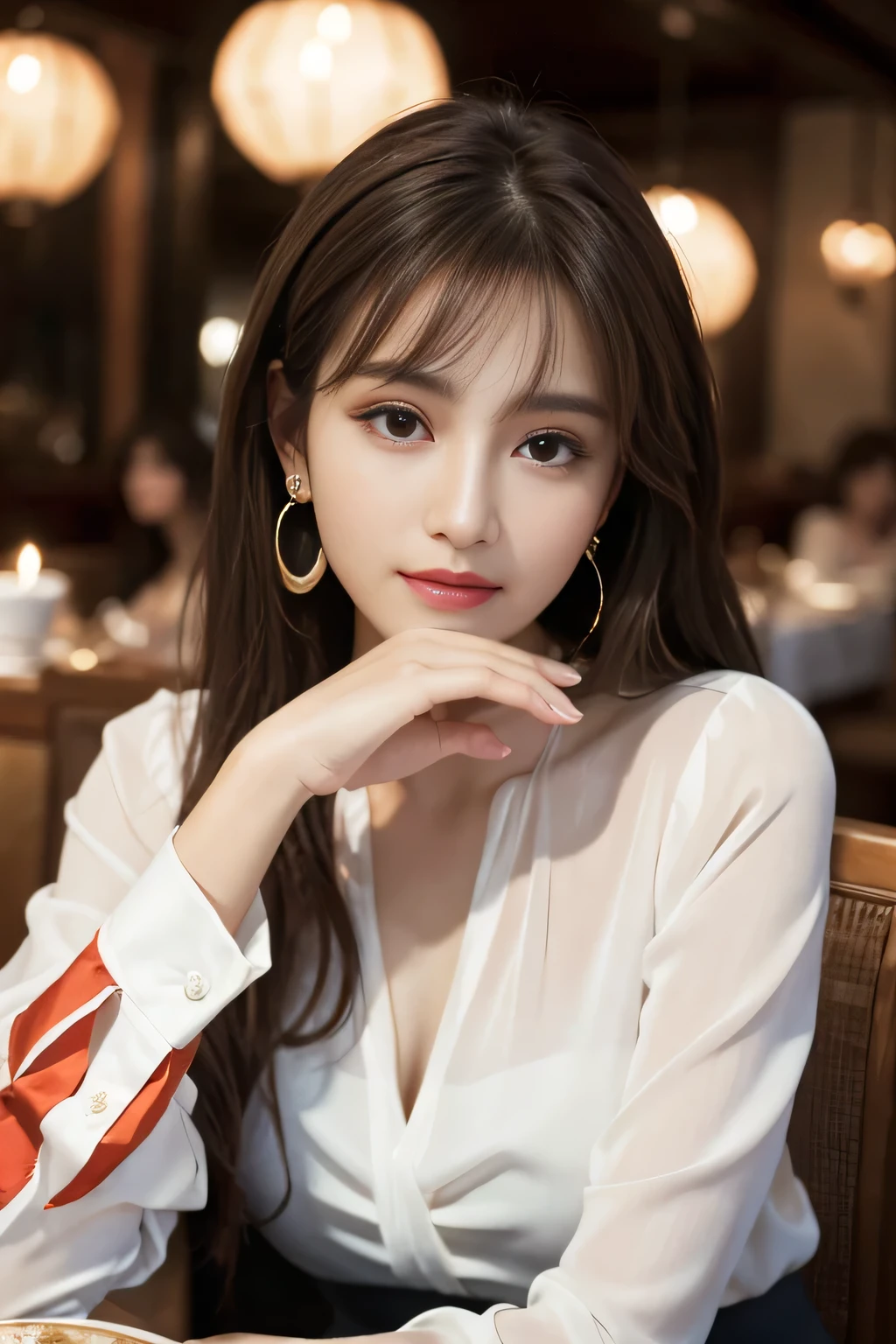 masterpiece, highest quality, Realistic, Very detailed, Finer details, High resolution, 8k wallpaper, One beautiful woman, Wear an elegant see-through blouse, In a great restaurant, At night, Light brown messy hair, Perfect dynamic composition, Beautiful and beautiful eyes、Big earrings、Sitting in a chair、
