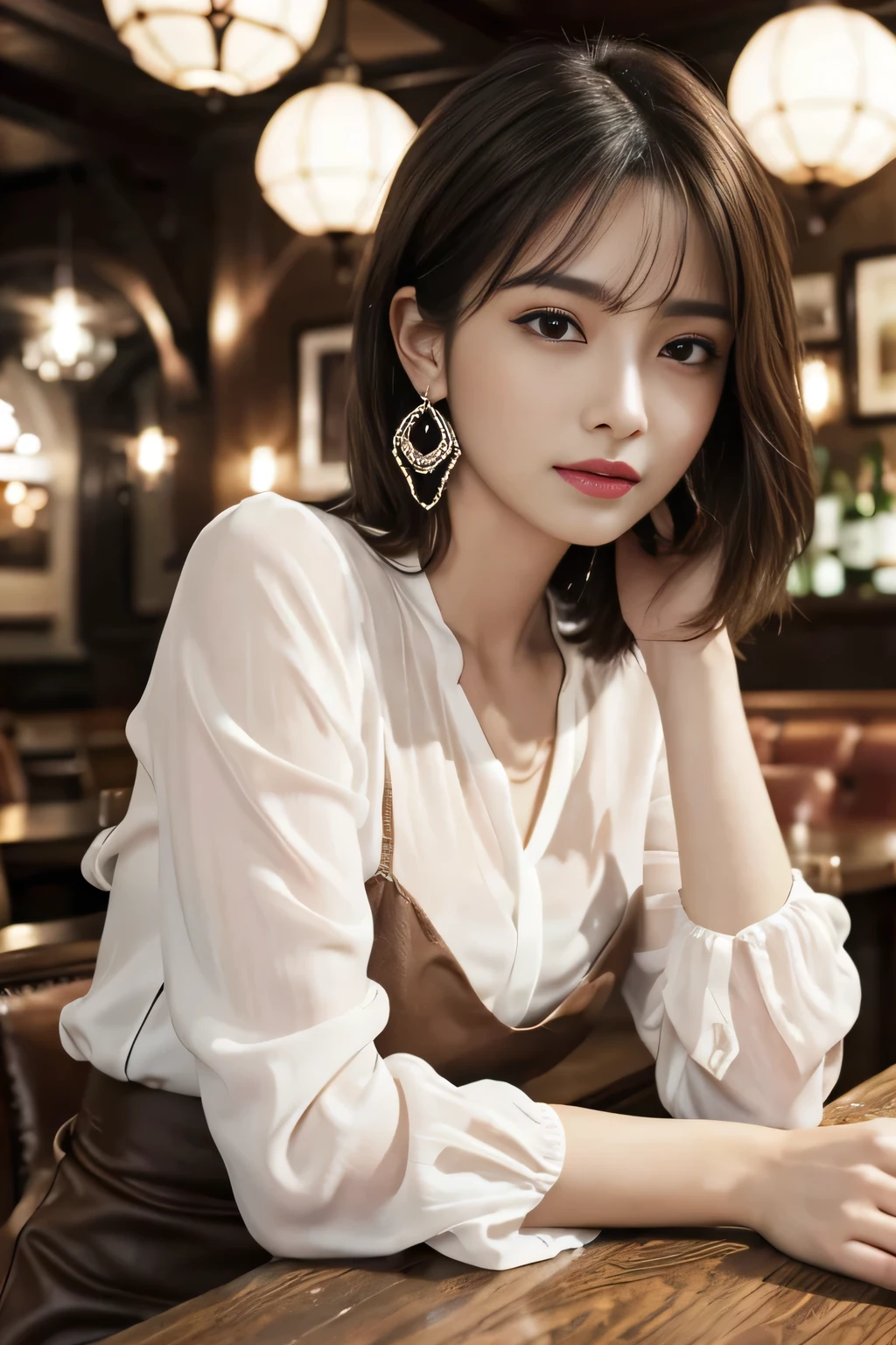 masterpiece, highest quality, Realistic, Very detailed, Finer details, High resolution, 8k wallpaper, One beautiful woman, Wear an elegant white see-through blouse, In a great pub restaurant, At night, Light brown shaggy haircut, Perfect dynamic composition, Beautiful and beautiful eyes、Big earrings、Sitting in a chair、